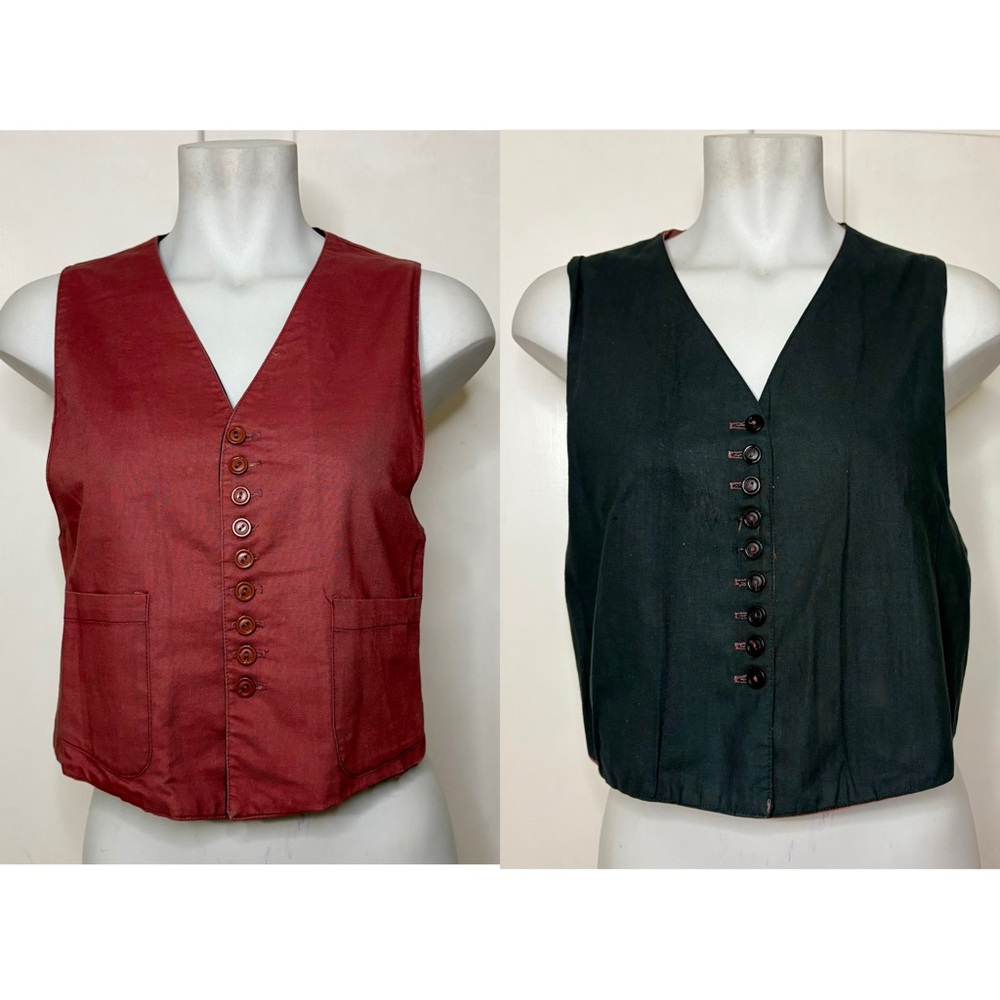 Vintage 80s Dusty Terracotta Rose Cotton Reversible Nine Button Cropped Vest